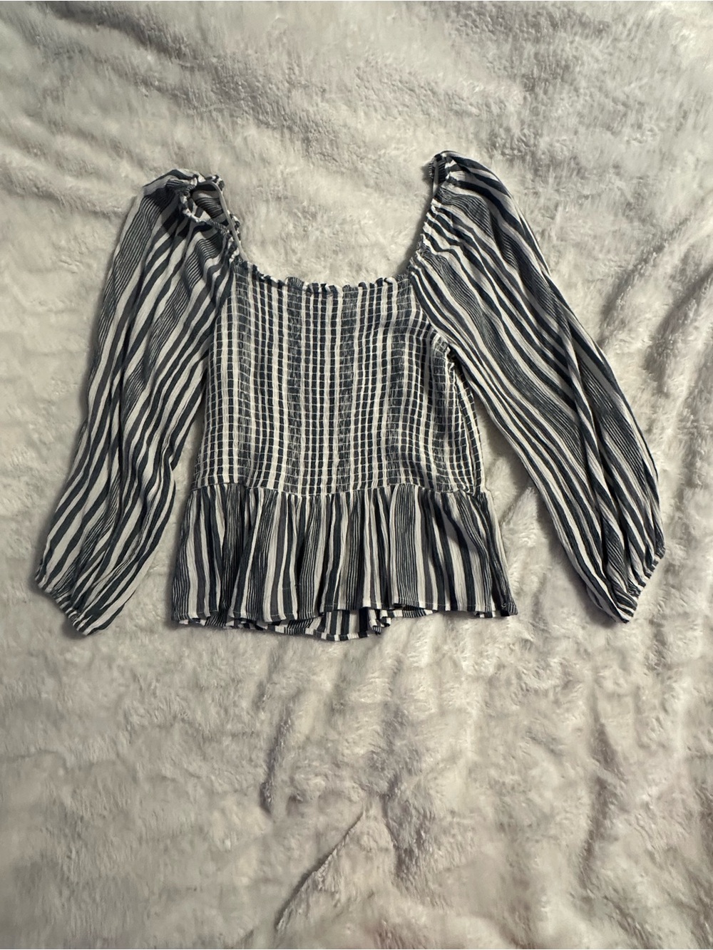 American Eagle Outfitters Blue & White Striped Smocked Peplum Top